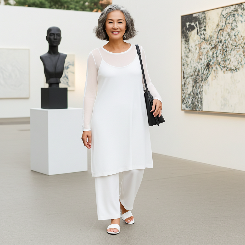 Woman in a white outfit standing in an art gallery.