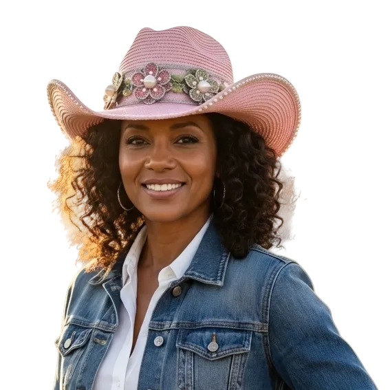 Woman in a cowboy hat and denim jacket standing next to a horse in a field.