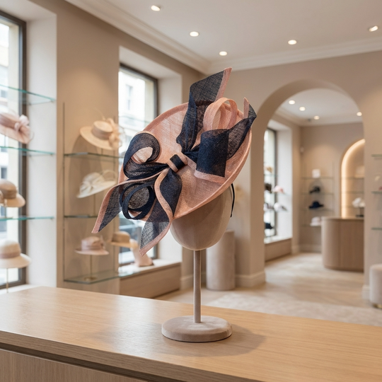 Light Pink & Navy Blue Sinamay Saucer Fascinator Hat