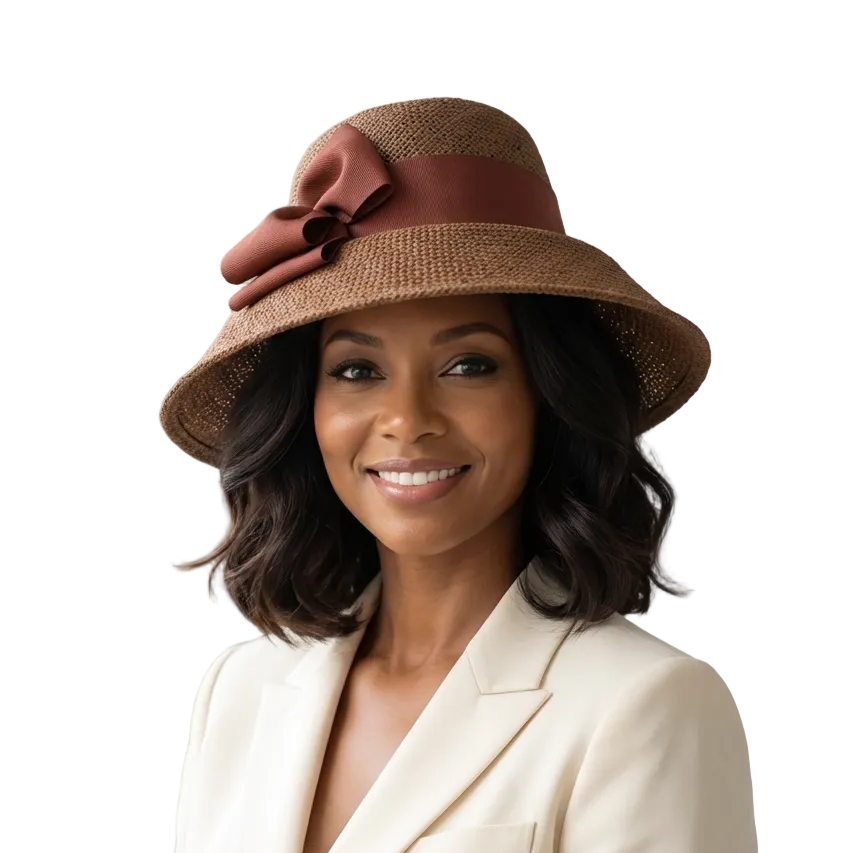 Woman wearing a brown hat with a large flower and a beige blazer indoors.