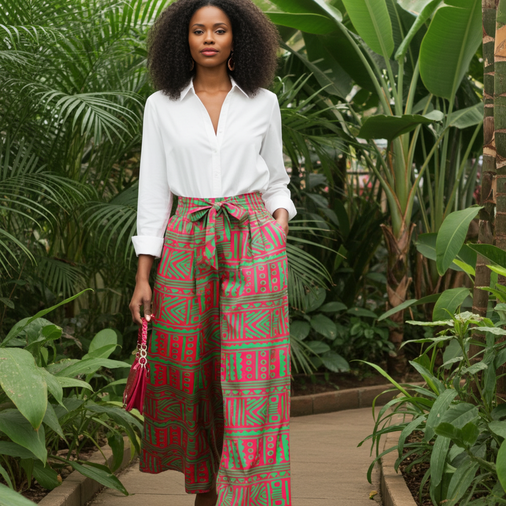Woman in a white blouse and red patterned skirt standing among green plants