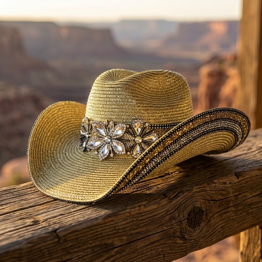 Decorative straw cowboy hat with gemstones on a wooden surface against a desert landscape.