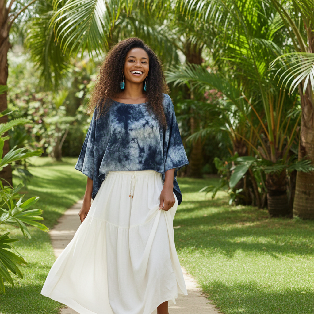 Woman in a blue tie-dye top and white skirt standing in a lush garden.