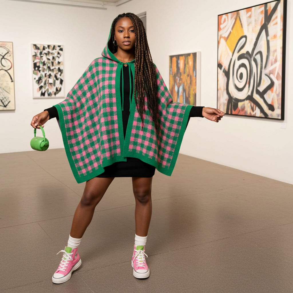 Pink & Green Tie-Neck Cape – Elegant & Timeless