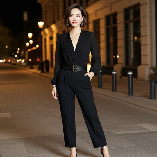 Woman in a black outfit standing on a city street at night.