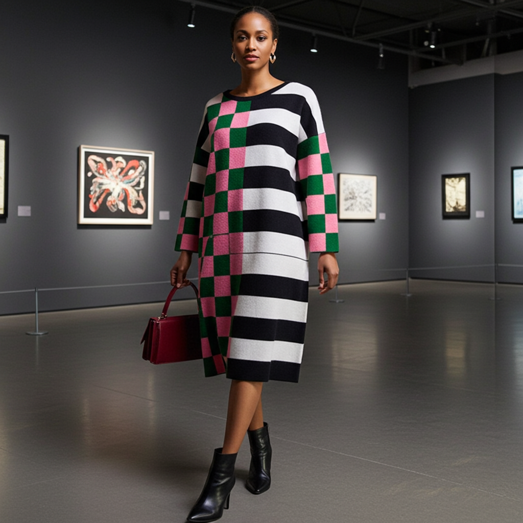 Woman in a colorful dress holding a red handbag in an art gallery.