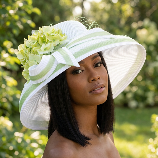 Woman wearing a white and green hat with floral decorations outdoors.