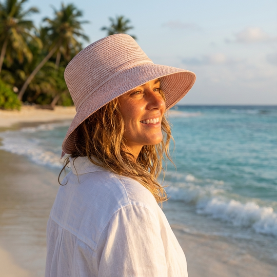 Woman wearing a pink hat on a beach with palm trees and ocean in the background