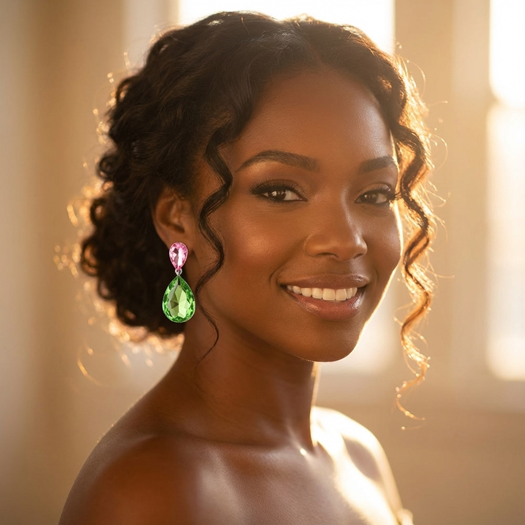 Woman wearing green and pink earrings with a warm background