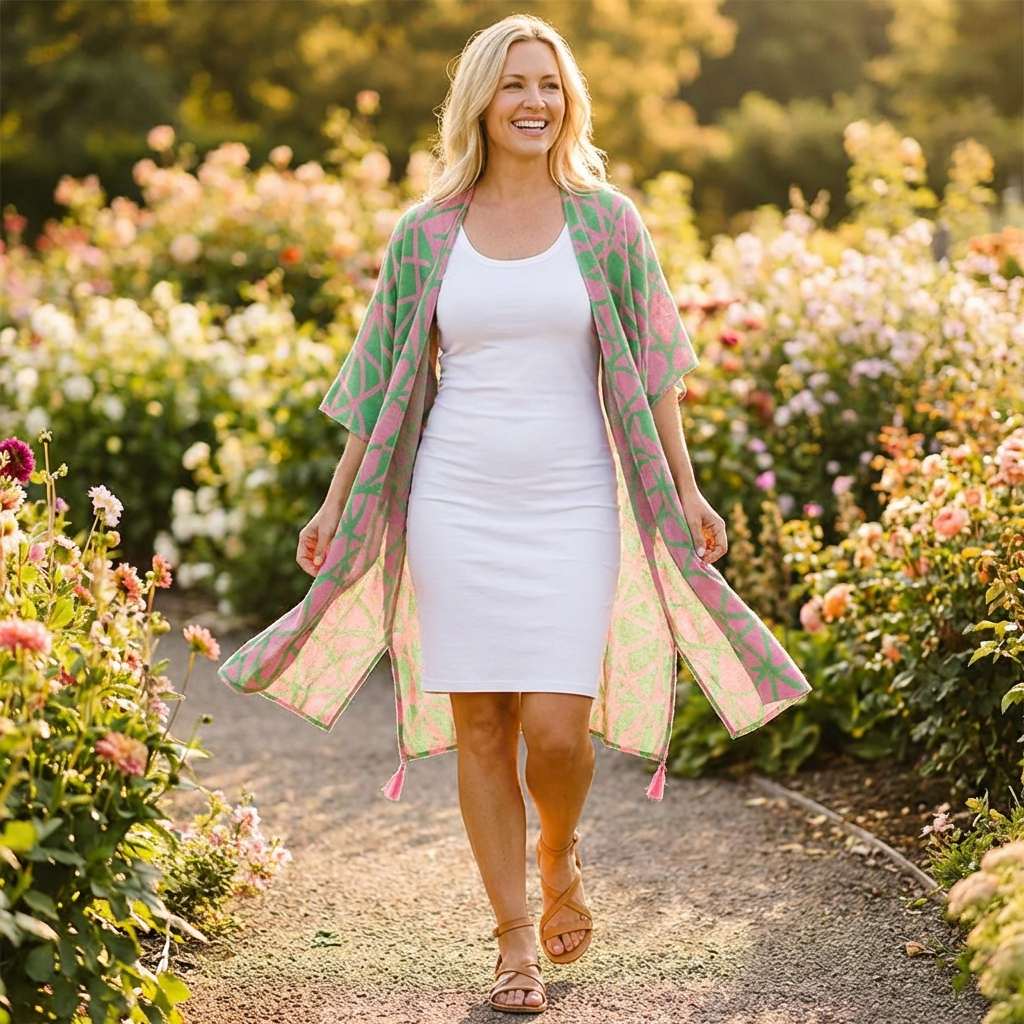 Woman in a white dress and green patterned cardigan walking through a garden.