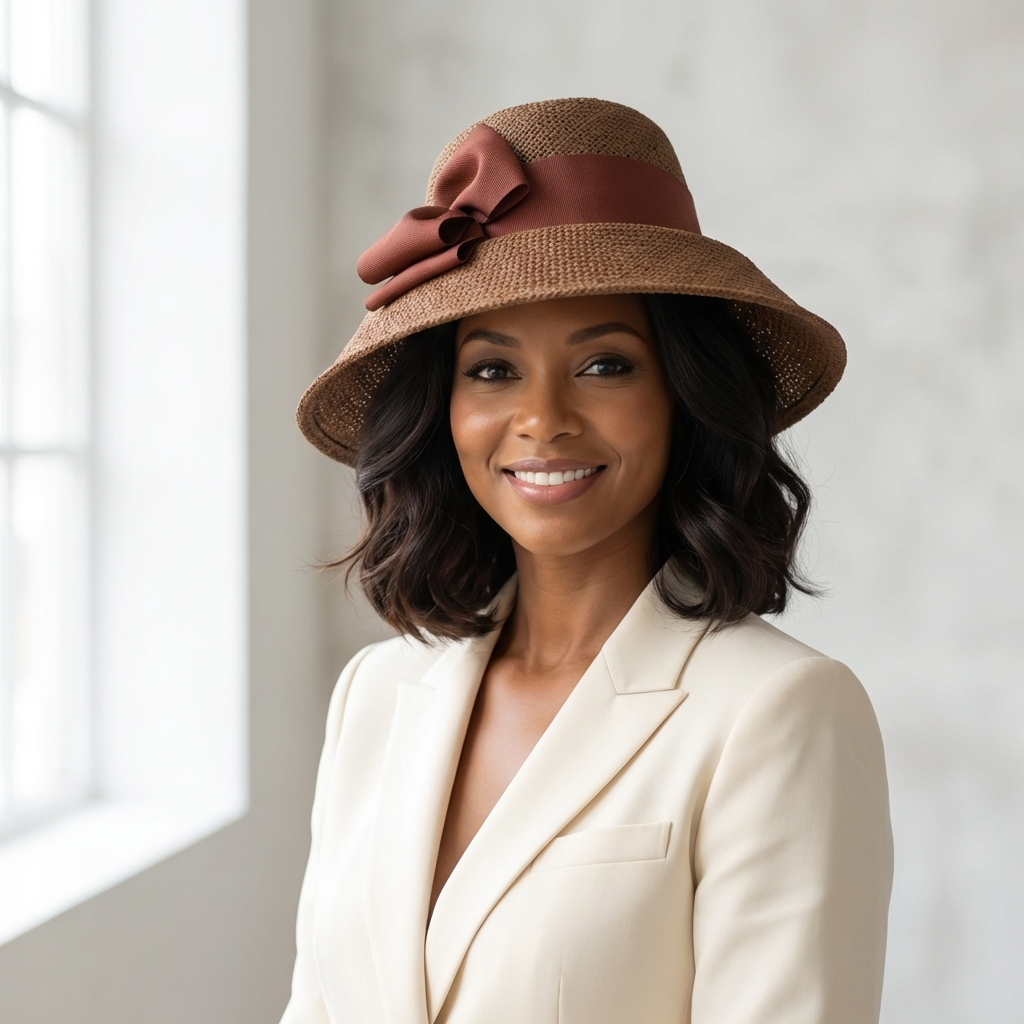 Woman wearing a brown hat with a large flower and a beige blazer indoors.