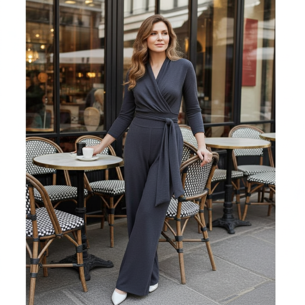 Woman in a navy jumpsuit standing in an outdoor cafe setting