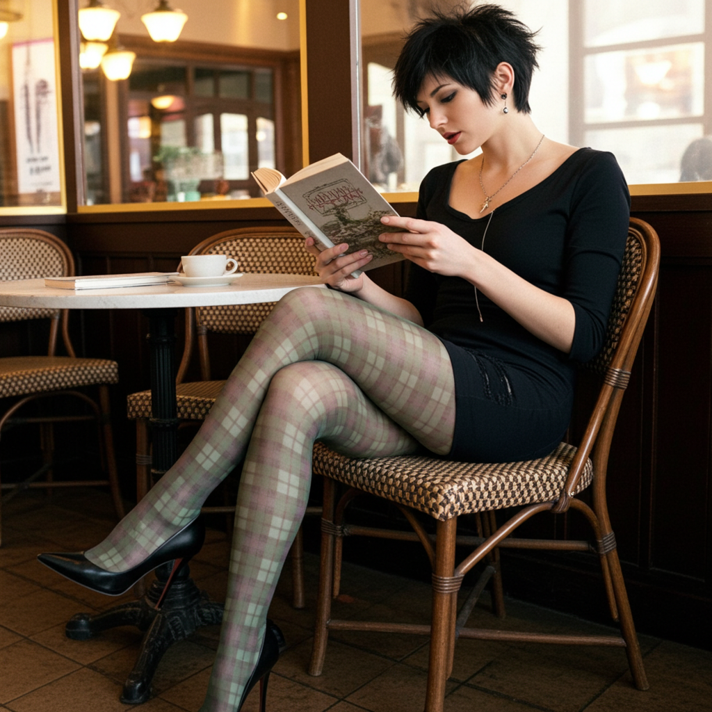 Green & Pink Plaid Printed Tights – front view with sneakers and plaid design