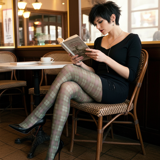 Green & Pink Plaid Printed Tights – front view with sneakers and plaid design