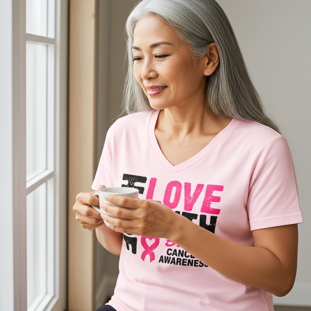 Camiseta rosa de cuello en V "Amor, Fe, Esperanza" para concienciar sobre el cáncer de mama
