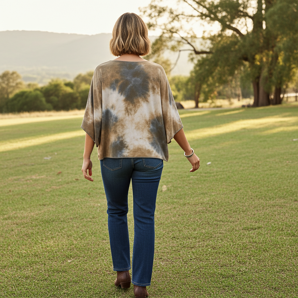 Person wearing a tie-dye shirt and jeans walking in a park.