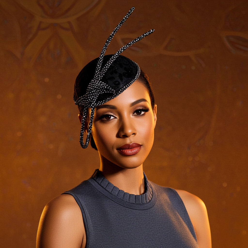 Lace Cover Sinamay Lavished Fascinator w/ Rhinestone Sticks - Black