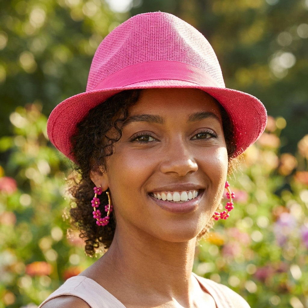 Woman wearing a pink hat and earrings in a garden setting