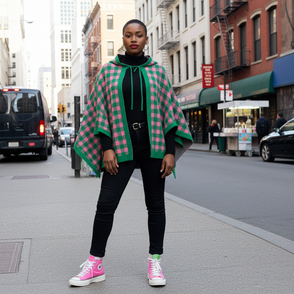 Person wearing a green and pink checkered cape on a city street