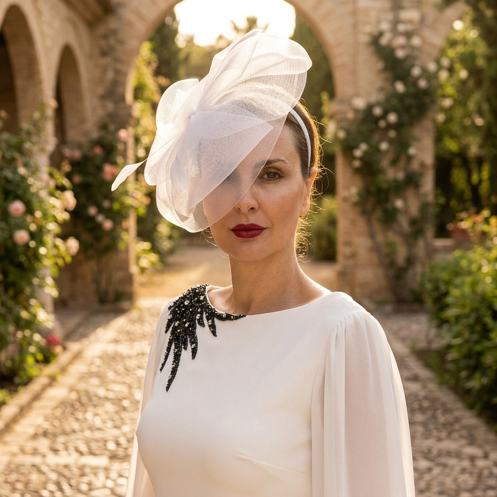 Crinoline Flower Headband Feather Trim: White