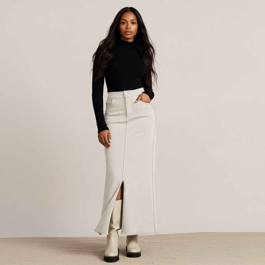 Raw Seam Front Slit Ankle Length Skirt