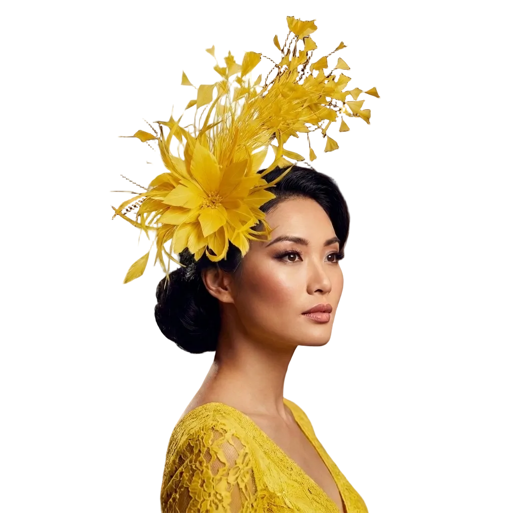 Woman wearing a yellow lace dress and large yellow floral headpiece in an elegant room.