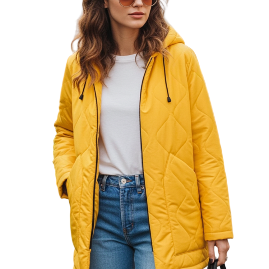 Woman wearing a yellow quilted jacket in an outdoor market setting