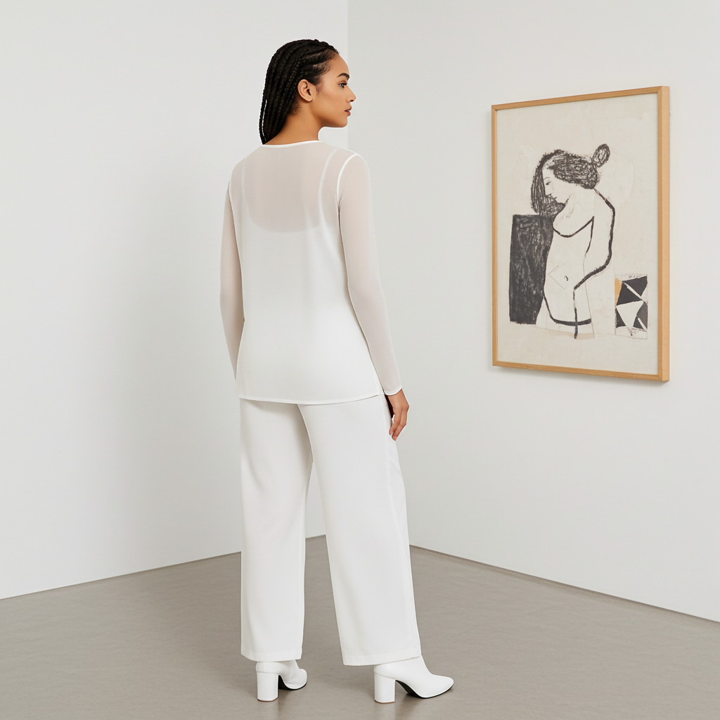 Tllly Top – Medium Length Sheer Mesh Tunic | White