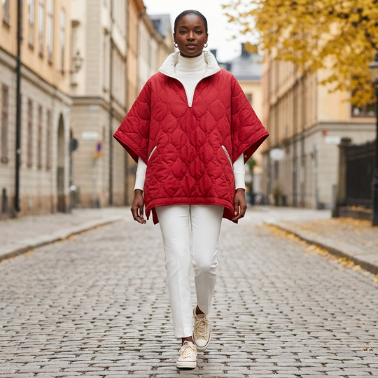 Person wearing a red quilted jacket walking on a cobblestone street.