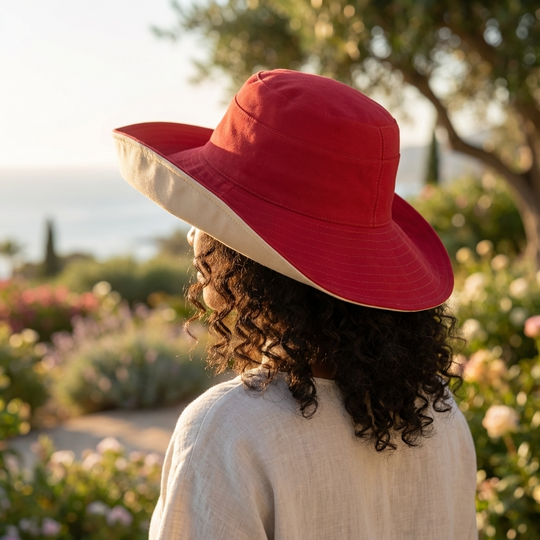 Person wearing a red sun hat in a garden setting