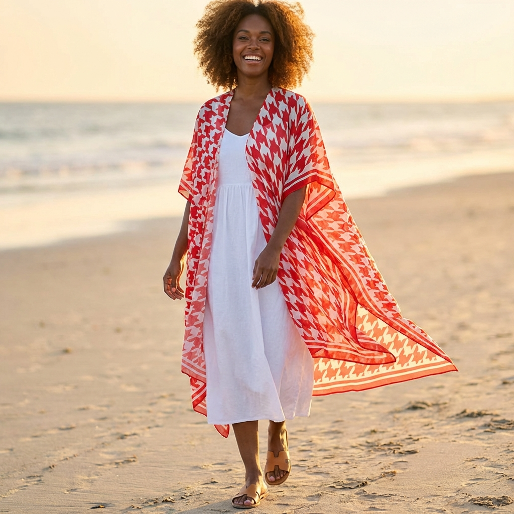 Woman walking on a beach wearing a red and white patterned cover-up over a white dress.
