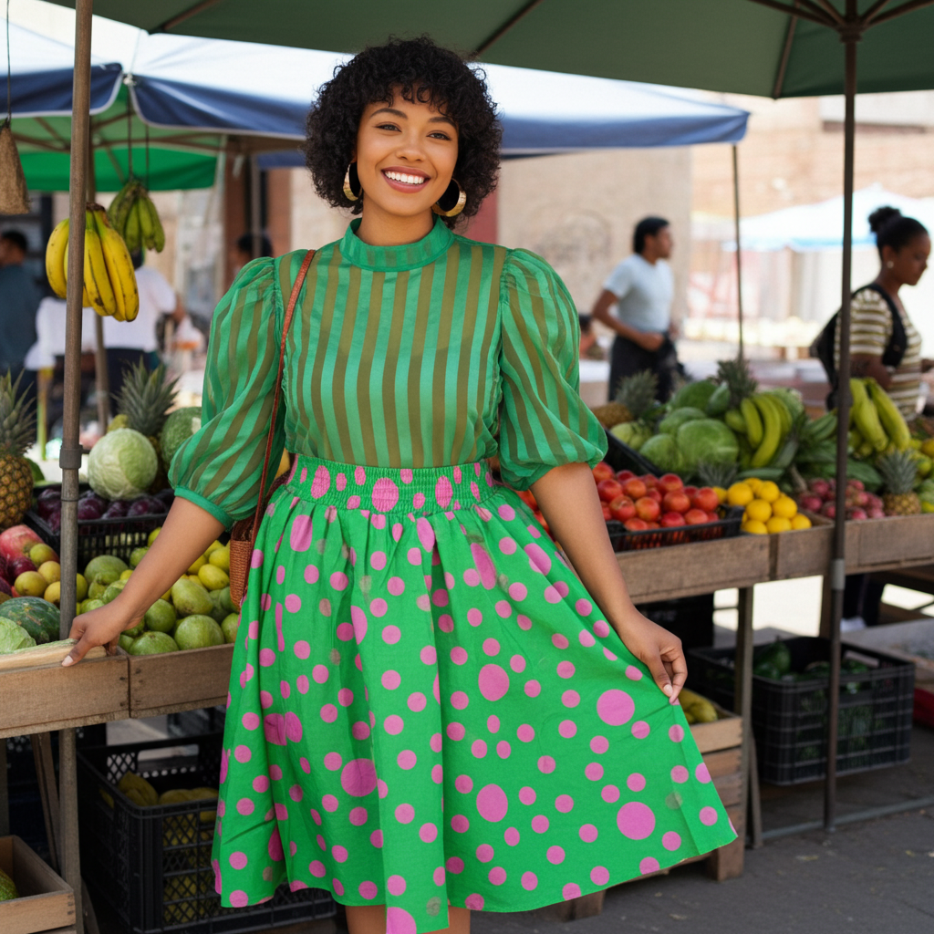 Woman in a green dress with pink polka dots at an outdoor market.