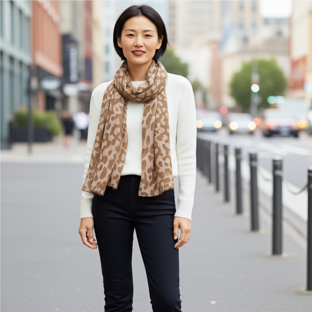 Woman wearing a leopard print scarf in an urban setting