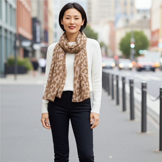 Woman wearing a leopard print scarf in an urban setting