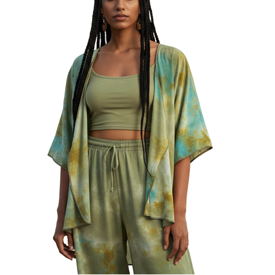 Woman in a green and blue outfit standing by a lake with trees in the background