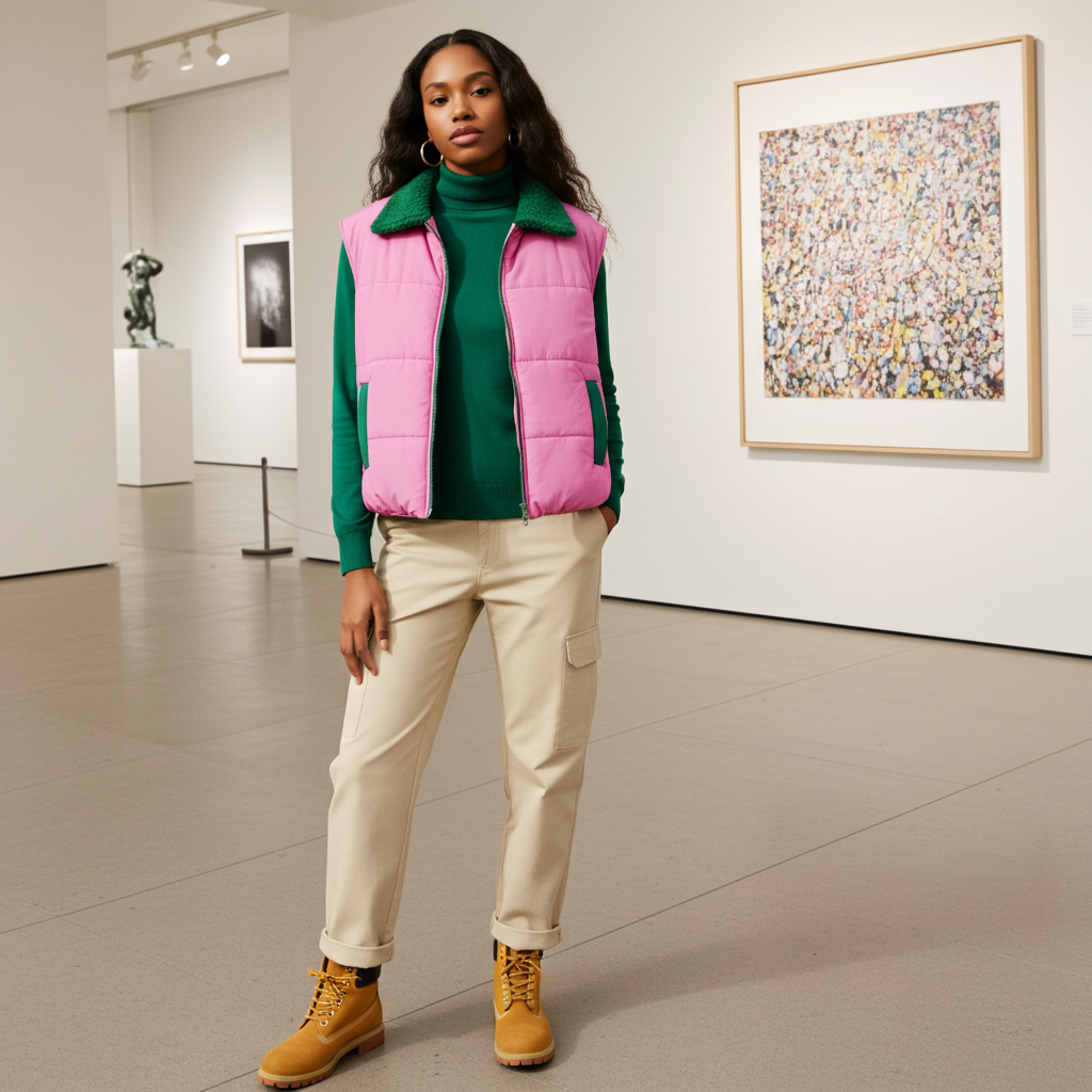 Person wearing a pink puffer vest, green sweater, beige pants, and yellow boots in an art gallery.