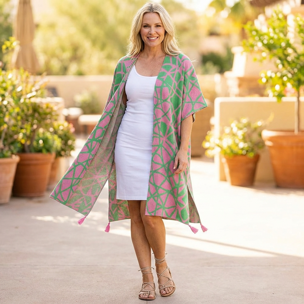 Woman wearing a pink and green patterned kimono over a white dress outdoors.