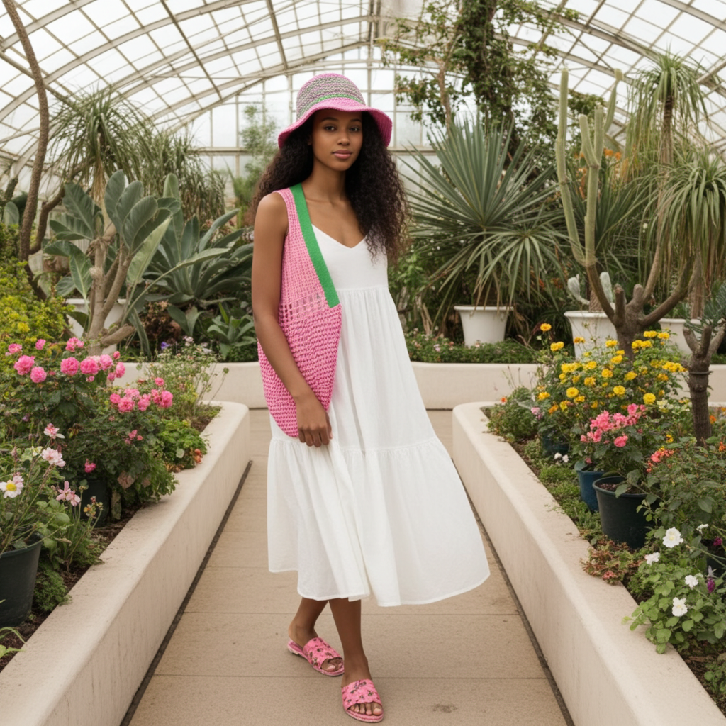 Sombrero de paja con rayas rosas y verdes