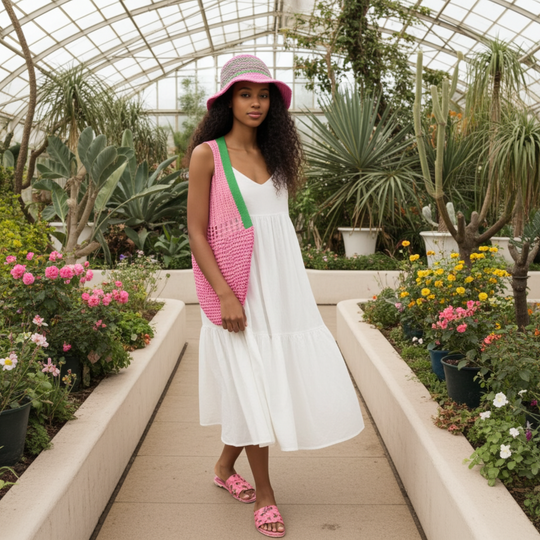 Sombrero de paja con rayas rosas y verdes