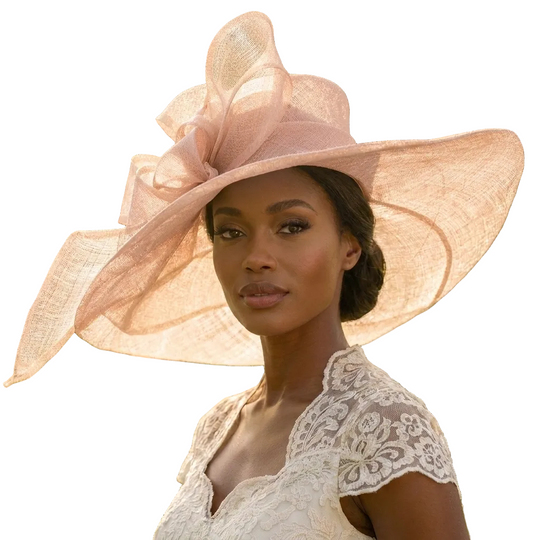 Pearl Pink Sinamay Wide Brim Hat with Abstract Bow
