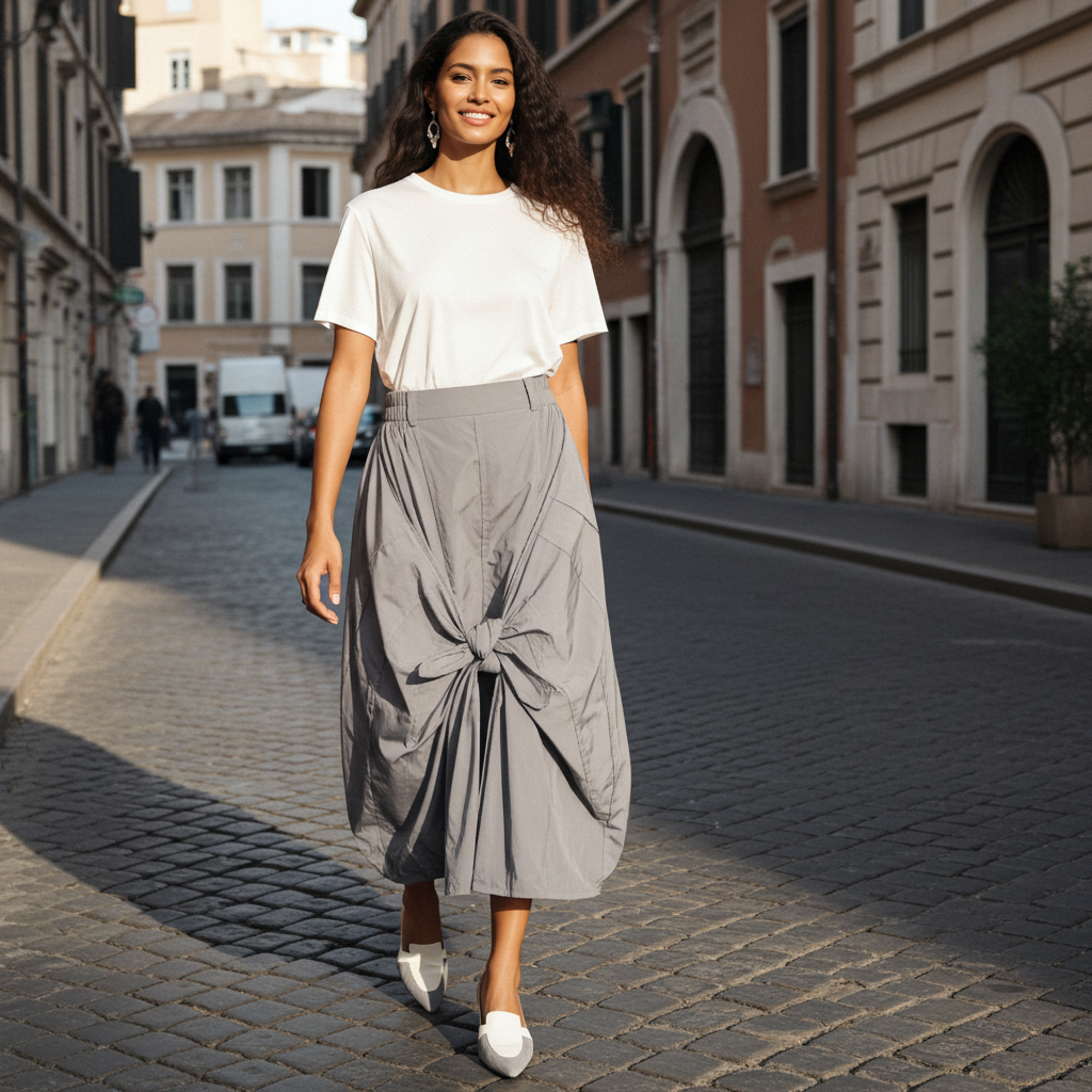Woman walking on a city street wearing a white top and gray skirt.