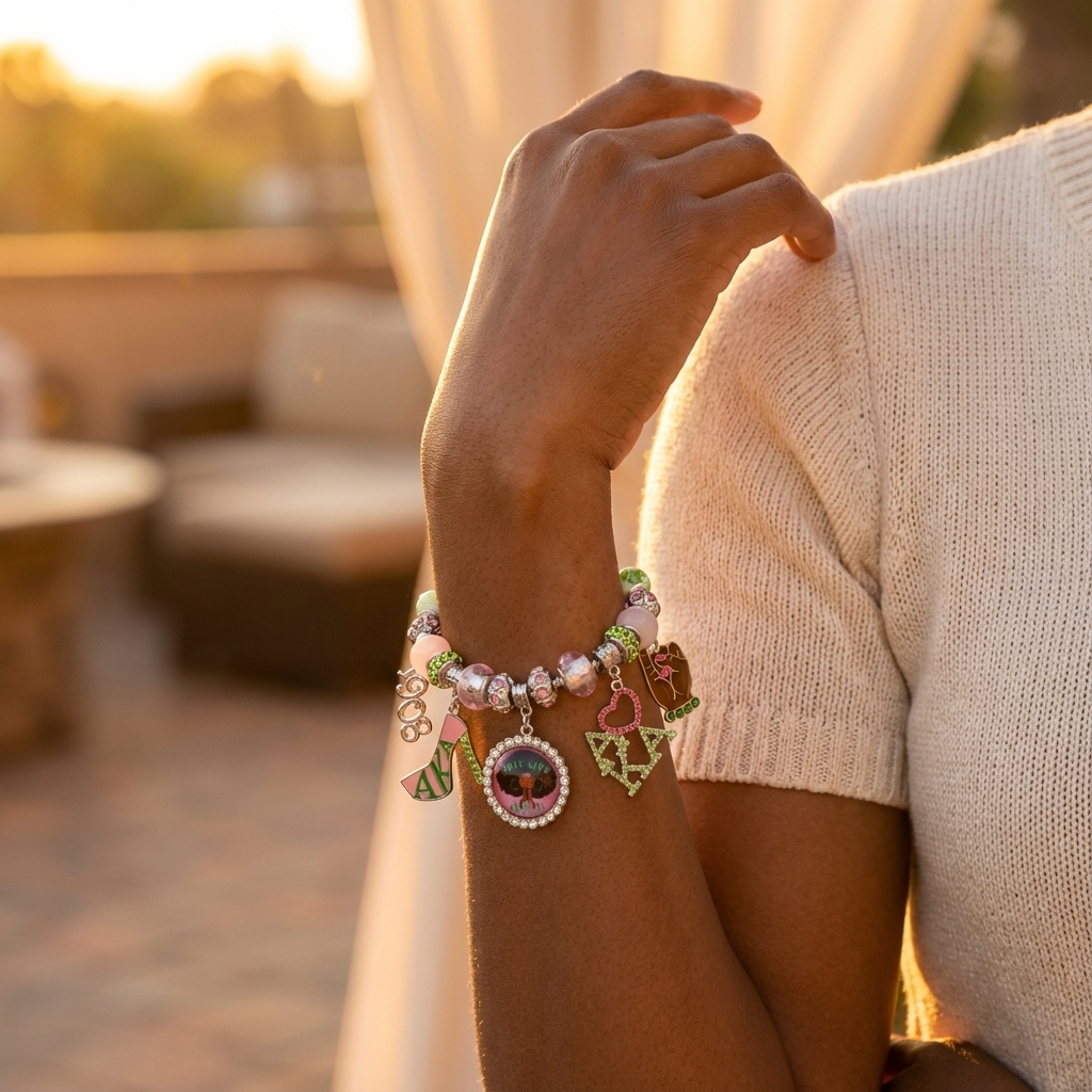 Alpha Kappa Alpha adjustable multi-charm bracelet with enamel AKA charms and pink and green crystal beads.