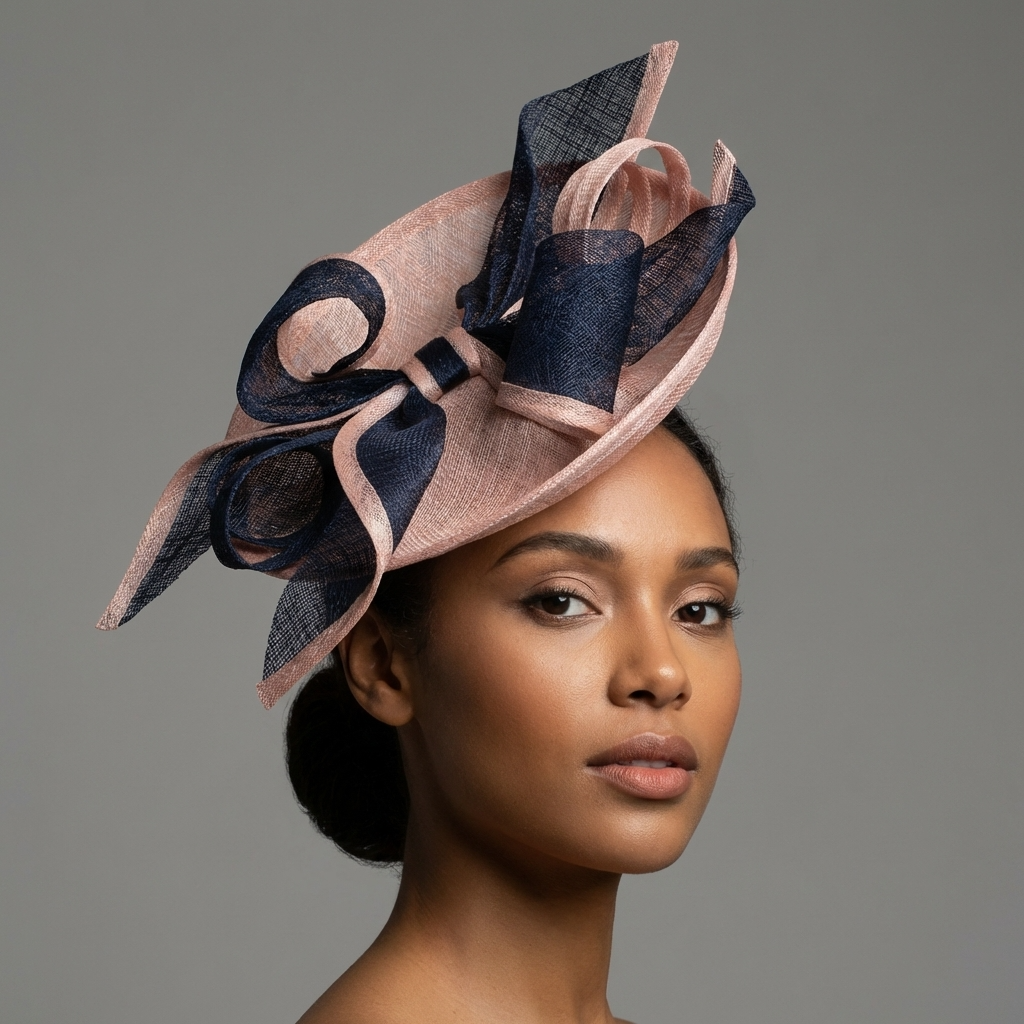 Light Pink & Navy Blue Sinamay Saucer Fascinator Hat