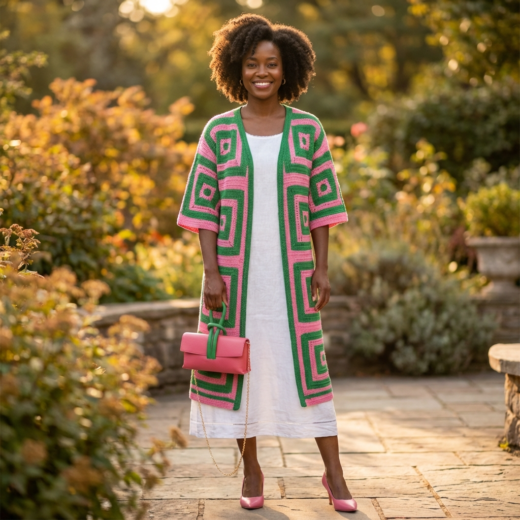 Cárdigan de punto geométrico a crochet - Rosa