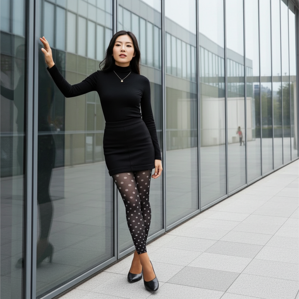 White & Black Dotted Footless Tights