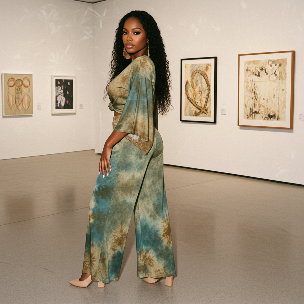 Woman in a tie-dye outfit standing in an art gallery with framed artworks on the wall.