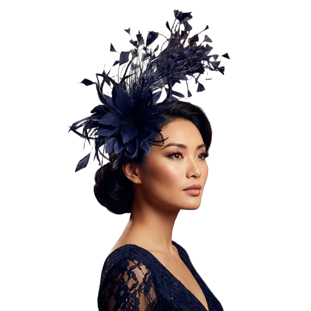 Midnight Bloom Feder-Fascinator – marineblauer, skulpturierter Couture-Haarschmuck