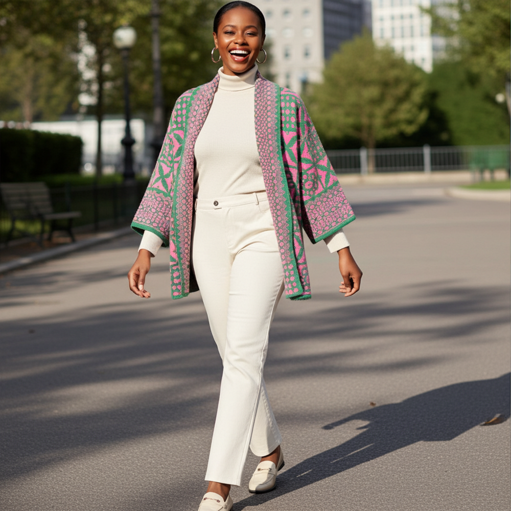 Pink and Green Tile Pattern Knit Cardigan