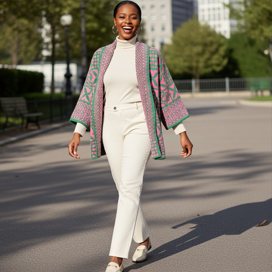 Cárdigan de punto con estampado de azulejos rosas y verdes