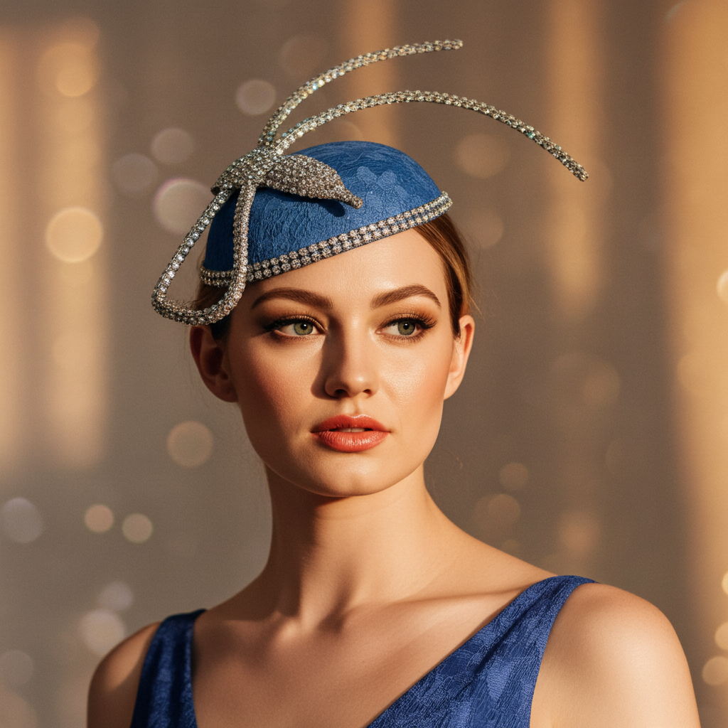 Woman wearing a blue hat with decorative elements against a blurred background